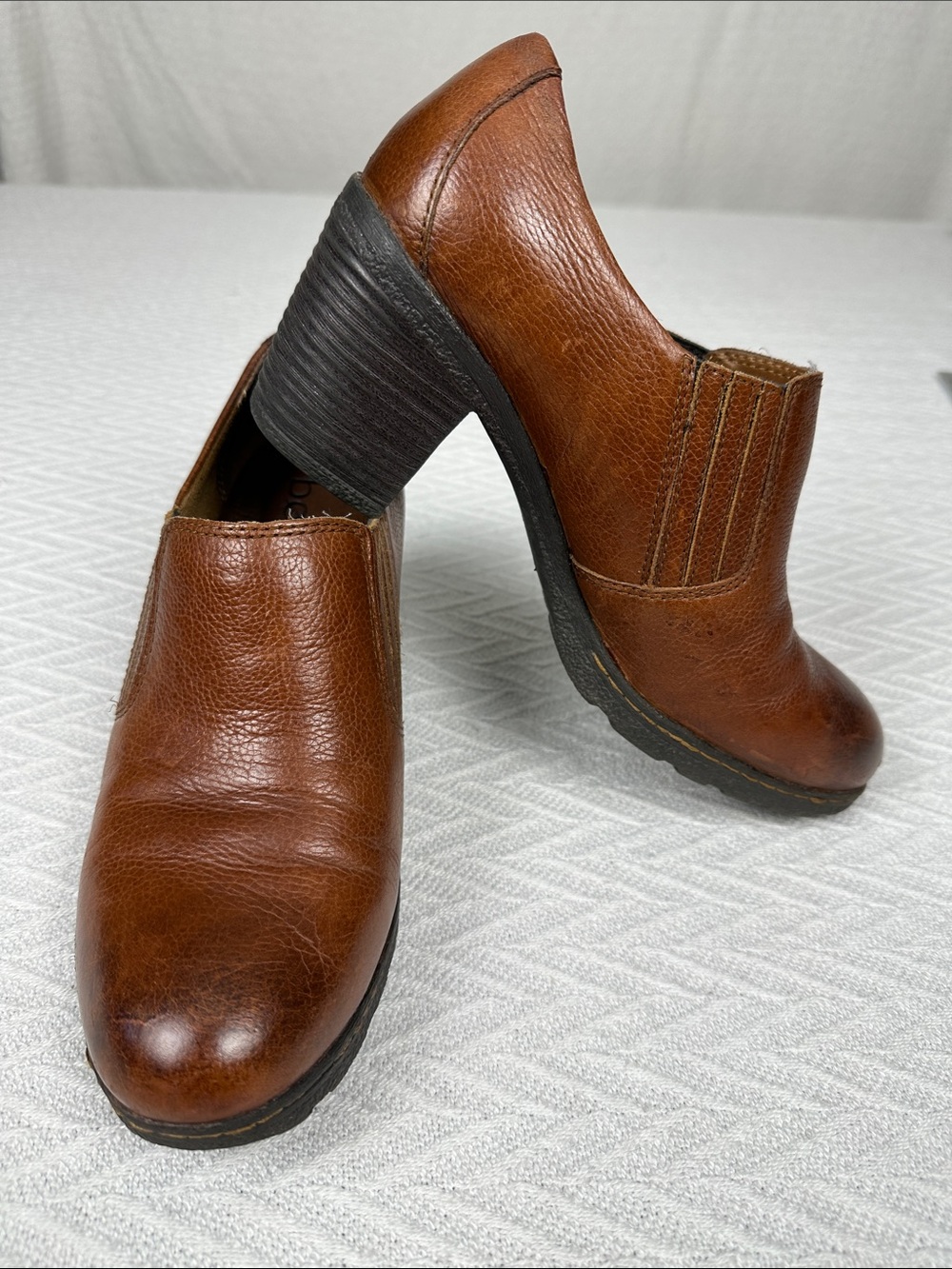 Women's Brown Leather Slip-On Ankle Booties Shoes Chunky Heel Rubber Comfort